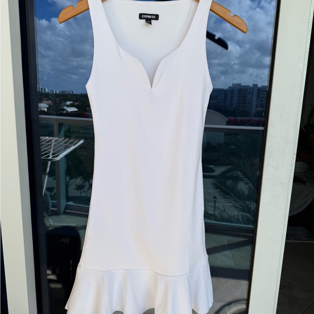Express White Mini Sheath Dress with Ruffled Hem for Cocktail